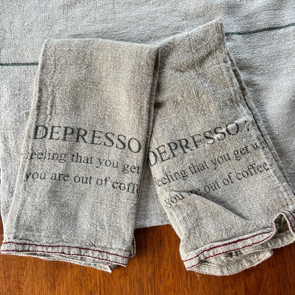 Gray Linen Tea Towels with Depresso Print